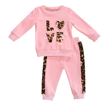 0-ź5 y Rudens Ziemas Toddler Meitenes Modes Apģērbu Komplekti Leopard Mīlestība Drukāt Pērle garām Piedurknēm Krekls Topi, Bikses, Sporta Tracksuit