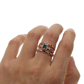Rožu zelta krāsas gredzens komplekti sievietēm un pirkstu riņķiem 3pcs komplektā skaistu jaunu stilu kāzu gredzeni, kas ar sarkana zaļa violeta cz