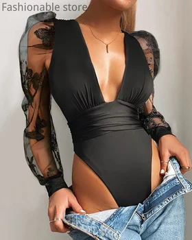 Sieviešu Sexy Black Garas Piedurknes Izgriezt Krūtis Augstu Apkakli Bodysuit Ruched Bling Bling Augsta Vidukļa Romper