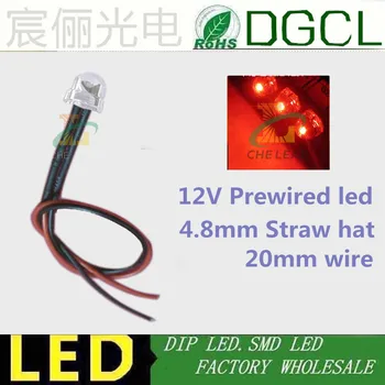 100GAB 4.8 mm DC12V/24V telefona led Izkliedēts Sarkans/Zaļš/Zils/Dzeltens/Balts 5mm straw hat led 20cm DIP LED indikators pre-vadu led