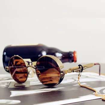 Vīriešu Un Sieviešu Klasiskā Steampunk Saulesbrilles, Vīriešu Un Sieviešu Saulesbrilles Luksusa Zīmolu Retro Apaļas Saulesbrilles Metāla Retro Brilles