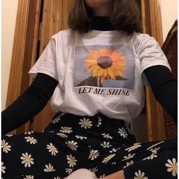 Vintage Saulespuķu Print t-veida Topi, Sieviešu Vasaras Balts ar Īsām Piedurknēm Brīvs T krekls Gadījuma Streetwear Lielajam T Krekls Sievietēm ir 2021.