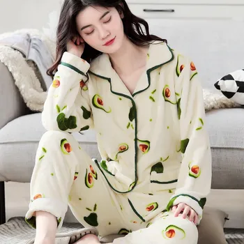 Flaneļa Sieviešu Pidžamas Komplekti, Ziemā Silts Homewear 2020. Gadam, Modes naktskrekli Plus Lieluma Gadījuma Sieviešu Kārtas-Apkakle Pidžamas