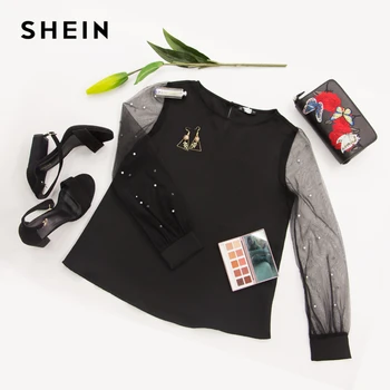 SHEIN Mūsdienu Dāma Melnā Pērle Fāzēm Acu Piedurknēm ar Apaļu Kakla Vienkāršā Top Sievietes Streetwear Rudens Minimālisma Eleganta Blūze