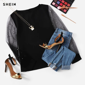 SHEIN Mūsdienu Dāma Melnā Pērle Fāzēm Acu Piedurknēm ar Apaļu Kakla Vienkāršā Top Sievietes Streetwear Rudens Minimālisma Eleganta Blūze