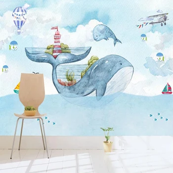 Pielāgotus foto tapetes, 3D akvarelis vaļu plaknes karstā gaisa balons, bērnu guļamistaba fona sienu apdare sienas tapetes