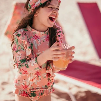 2020 Tendences Zīmolu Luksusa Zīmola Meiteņu Peldkostīms Vintage Ziedu Peldmēteļi, Bērniem, Rozā Peldēšana Valkāt Savirmot Bērnu Hawaii Kostīmi