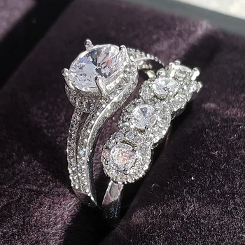 Jaunā luksusa kārtā nekustamā 925 sterling sudraba kāzu gredzenu komplektu sievietēm lady jubilejas dāvanu rotaslietas vairumtirdzniecības Melnā piektdiena R5135