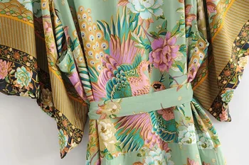 Fitshinling Drukāt Ziedu Beach Kimono Jostas Slim Ilgi Jaka Sieviešu Rudens Jaunas Kokvilnas Sexy Vintage Pludmales Cover-Up Bohēmas