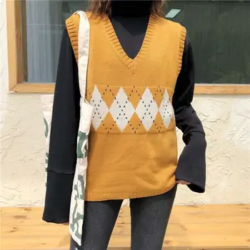 JESSIC Sieviešu Džemperi, Vestes, Rudens 2020. gadam korejiešu Stilā Vintage Ģeometriskā Argyle V Kakla Džemperis bez Piedurknēm Adīts Sieviete Džemperi