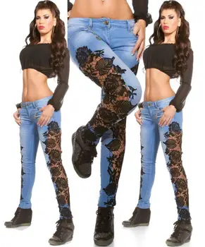 Mežģīnes Izdilis Džinsi Sieviešu Modes Raibs Slim Jeans Augsta Vidukļa Dobi No Mežģīņu Zīmuli Bikses Dāmas Super Elastīgs Džinsu