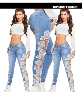 Mežģīnes Izdilis Džinsi Sieviešu Modes Raibs Slim Jeans Augsta Vidukļa Dobi No Mežģīņu Zīmuli Bikses Dāmas Super Elastīgs Džinsu