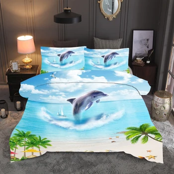 Okeāna pludmales Delfīnu dekorācijas 3D gultas komplekts Sega Sedz Spilvendrānas dvīņu pilna quenn karalis mierinātājs, gultasveļas komplekti gultas veļa