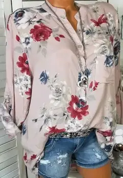 5XL Plus Lieluma Vasaras Topi 2019 Sieviešu Blūzes ar garām Piedurknēm Drukāt Stand Apkakli, Pogu Blūze Džemperi Sieviešu Apģērbu Krekls Blusa