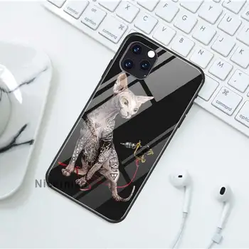 Tetovējums Sfinksa Kaķis Gadījumos, iPhone 11 Pro X XS XR Max 7 8 6 6S Plus Rūdīta Stikla, Melns Vāciņš Tālruņa Coque Shell