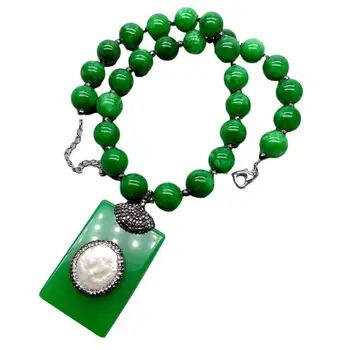 Y·YING Zaļš Izgatavots Apaļa Gluda Kaklarota Taisnstūra Izgatavots Monētas Pērle kulons 20