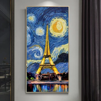 Zvaigžņota Nakts Parīzē Tower Audekls Mākslas Plakāti Un Izdrukas Abstraktu Ainavu Audekla, Gleznas pie Sienas, Art Pictures Cuadros