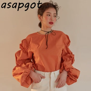Asapgot korejas Šiks Apelsīnu Puff Piedurknēm Blūze Sievietēm Melns V-veida kakla Samta Taisni Spageti Siksnas Kleita Vintage Modes Nosaka Savvaļas