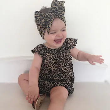 2018 Jauno Vasaras Baby Toddler Meitenes Romper Meitenes Leopard Jumpsuit Jaundzimušā Apģērbu bez Piedurknēm Tērpiem +Galvas 2Pcs Set