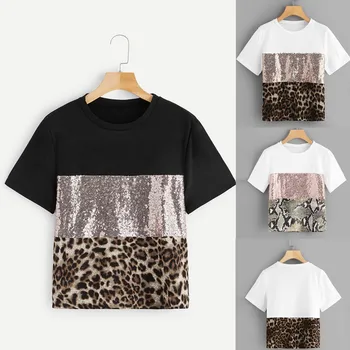 Harajuku Sieviete Tshirts Modes Sieviešu Pacthwork Leopard/čūska Drukāt Sequin Piedurknēm Tee Gadījuma Top Ropa Mujer De