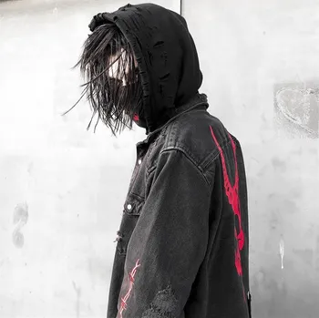 Ybaby Harajuku Gothic demon hunter skelets melnās džinsa jaka men ' s rock, punk, smagā metāla cilpu caurumu iela stils