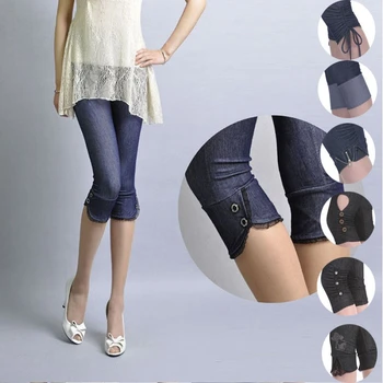 Lady vasaras džinsa imitācijas īsās bikses, sieviešu ceļa garums raibs loku ziedu mežģīnes capri slim aprīkots zīmuli viltus džinsi