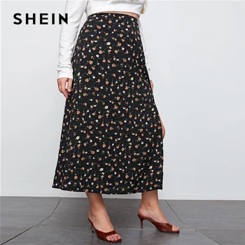 SHEIN Plus Lieluma Ditsy Floral Print Sadalīt Melni Svārki Sievietēm Vasarā Dāmas Vidū Vidukļa Taisni Bohēmijas Gari Svārki