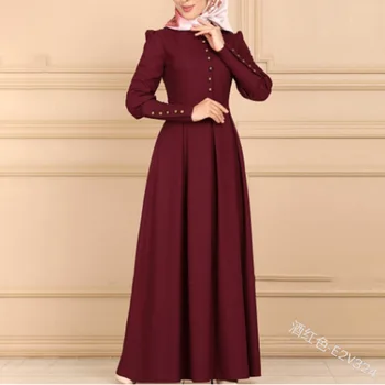 Musulmaņu Modes Kleitas Tērpi Sievietēm Pilnu Piedurknēm Slim Maxi Kleita Ar Pogām, Ir 2021. Jaunu Vienkrāsainu, Elegants Islāma Apģērba Kleitas