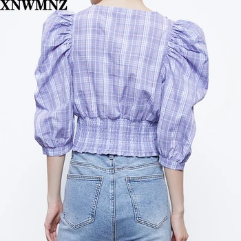 XNWMNZ za Francija Apgriezts Sieviešu blūze Vintage Puff Piedurknēm Kultūraugu Top Palace Centrs Pogas blusas mujer de moda 2020