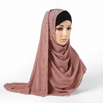 Jaunu Stilu Eiropas un Amerikas Ielu Stilu, Pērļu Šifons Toe Cepurīte, Šalle Vairumtirdzniecības Karstā Urbšanas tīrtoņa Krāsu Hijab Muslim75*180cm