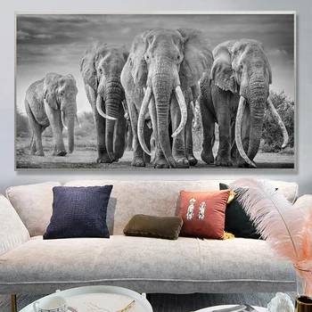 Āfrikas Savvaļas Ziloņi, Ģimenes Audekls Mākslas Plakāti un Izdrukas Melnā un Baltā Dzīvniekiem Mākslas Audekla, Gleznojums uz Sienas, Art Pictures
