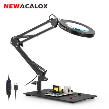 NEWACALOX 5X Palielināmo Stiklu, LED Lampas, USB 3 Regulējami Krāsas Melnā Dzelzs Plāksni, Metināšanas Instruments, lodāmurs Remonts Apgaismojumu