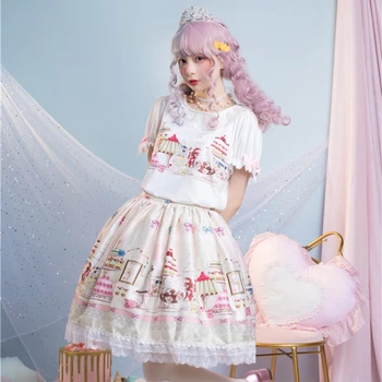 Sākotnējā lloli Sweet Lolita Cute Krāsu T-krekls Sen Zemāku Svārki Princese - line Kleita Vasaras lolita princese tēja puse kleita