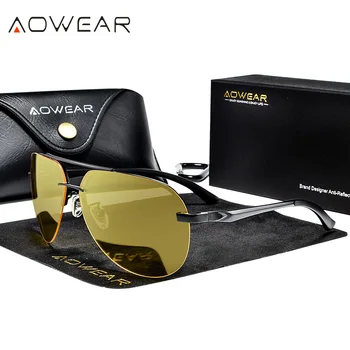 AOWEAR bez apmales Nakts Braukšanas Brilles, Saulesbrilles Vīriešiem Polarizētās HD Nakts Redzamības Brilles Vīriešu UV400 Dzeltenas, Saules Brilles Gafas De Sol