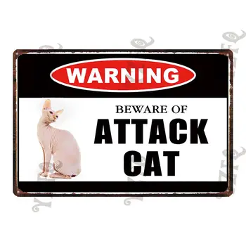 Brīdinājuma Zīme Uzmanieties No Uzbrukuma Kaķis Dekoratīvs Noplucis Šiks Metāla Skārda Zīme Sienas Josla Mājas Mākslas Pet Shop Amatniecības Dekoru 30X20CM DU-4723A