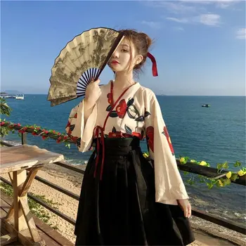 Japāņu Stila Sieviete Kimono Vasaras Modes Ziedu Haori Meitenes 2gab Top un Svārki Tērpiem Pilnu Piedurknēm Japāņu Kleita Sievietēm