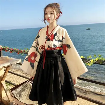 Japāņu Stila Sieviete Kimono Vasaras Modes Ziedu Haori Meitenes 2gab Top un Svārki Tērpiem Pilnu Piedurknēm Japāņu Kleita Sievietēm