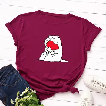 2019 Modes Plus Lieluma Sievietēm T-krekls, Kokvilnas t-veida Mīlestību Kaķis Kartona Iespiests T-Krekls Sievietēm, O-veida Kakla Īsām Piedurknēm T Augšu