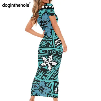 Doginthehole Havaju Ziedu Raksts Sieviešu Īsām Piedurknēm Puse Kleita Polinēzijas Cilšu Drukāt Pusaudžu Meiteņu Modes Streetwear