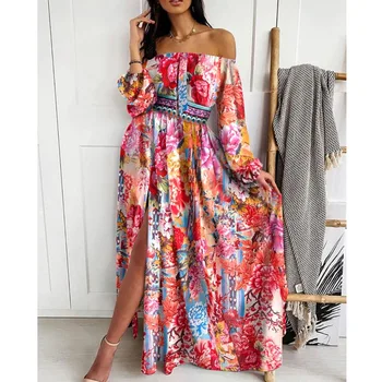 Sieviešu Vintage Ziedu Drukāt Gara Kleita Pavasara Elegants Modes Puse Kleita Rudens Laternu Garām Piedurknēm Boho Kleita Vestidos Jaunu 2020