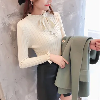 2020. gada Pavasarī, Rudenī Jaunu korejiešu Stilā Lacework Apkakles Mežģīnes-Up Bāze Krekls Modes Salds Flounced Trikotāža Sieviešu garām Piedurknēm Augšu