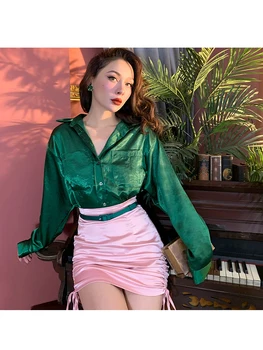 2019 Super Skaista Smaragda Satīna Zaudēt Garš Krekls Modes Visu maču Ērti Sieviešu Krekli