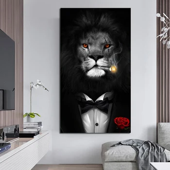 Smēķēšana Lauva Plakātu Sienas Art Pictures Modern Black Dzīvnieku Kanvas Glezna Cuadros par dzīvojamo Istabu Mājas Dekoru Iespiesti Plakāti