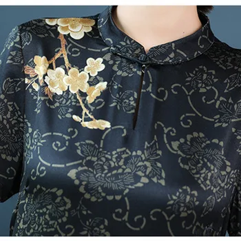 Ķīniešu Stila Ziedu Valsts Printed Kleita Stāv Apkakle Elegants Cheongsam Īsām Piedurknēm Slim Fit Vasaras Kleitas Mākslīgās Zīda Drēbes