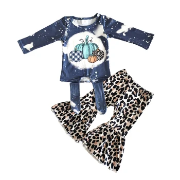 Modes bērniem ar garām piedurknēm apģērbs meiteni, ķirbju top ar loku un bell bikses set baby meitenes leopard apģērbs par halloween