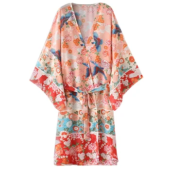 2020 Šifona Sieviešu Kimono Jaka Ziedu Iespiests Ar Garām Piedurknēm Ar Jostu Gadījuma Zaudēt Ilgi Outwear Plānas Segtu Ups Plus Lieluma Beachwear
