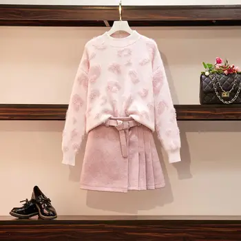 Rudens 2019 Sieviešu Rozā, Džemperis Rozā Svārki 2 Gab Apģērbu Komplekts Trikotāža Apģērbs Silts Augstas Kvalitātes Vestido Atpūtas Apģērbu Uzvalks
