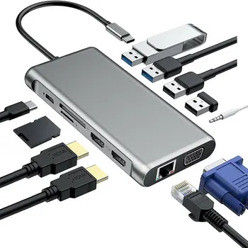 12 in 1 USB C Tipa RUMBU Converter HDMI-compatible1080P VGA RJ45 3.5 mm SD TF Lasītājs Adapteris dokstacija Strāvas Adapteris