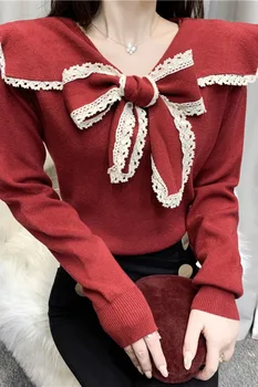 Rudens Ziemas Jauno Salds Adīti Džemperi krekls korejas Modes tauriņu Apkakli, garām piedurknēm Džemperis Slim Gadījuma Sievietēm, Topi
