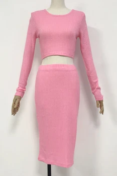 Rudens ziemas sieviešu komplekts rozā krāsā ar garām piedurknēm divas gabals svārki komplekti dzeltenās gadījuma bodycon vintage apģērbs, midi birojs modes dāmas